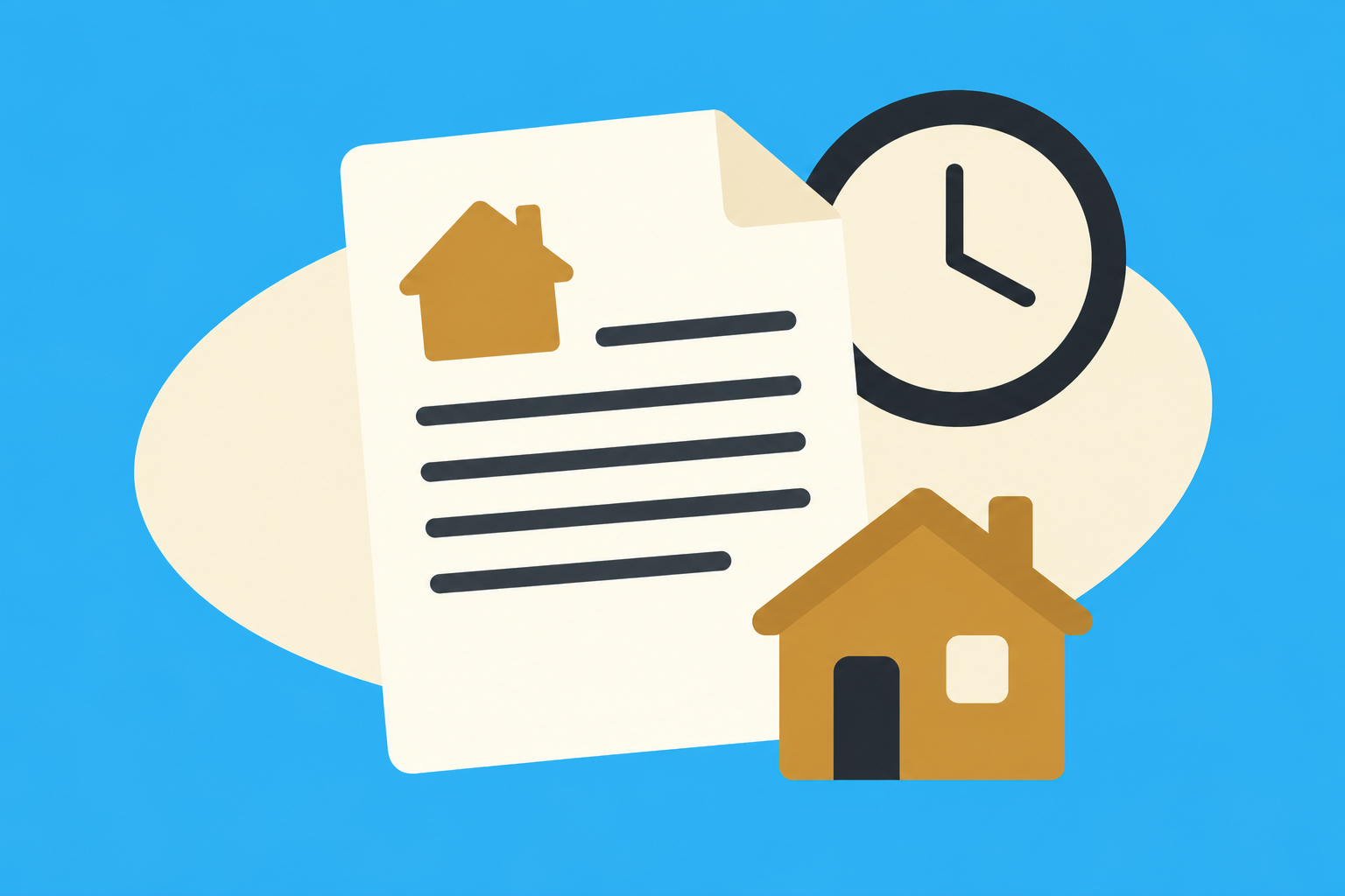 A blank document, house and clock illustrating loan terms and reset dates