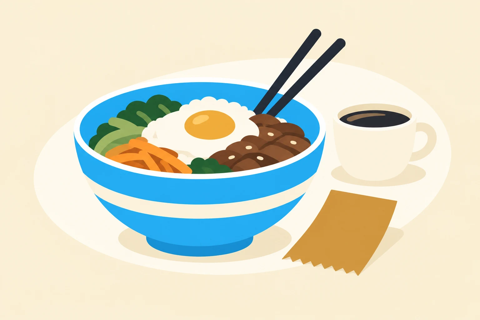 비빔밥 그릇과 젓가락, 커피와 영수증을 표현한 일러스트