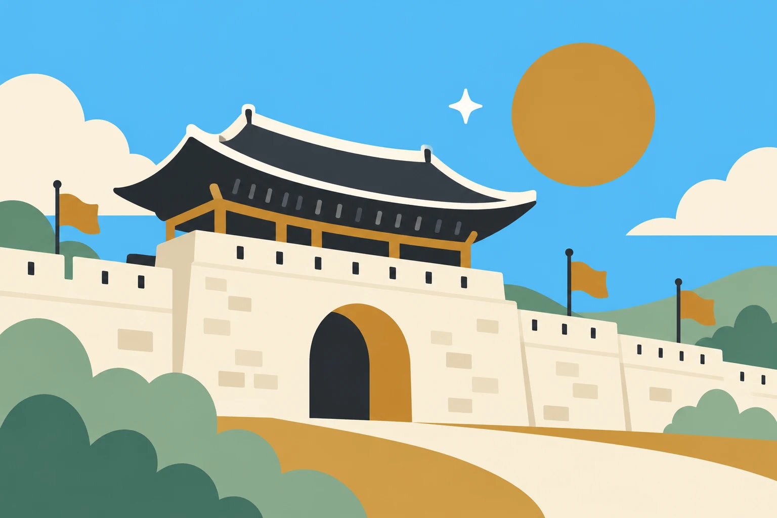 수원화성문화제 여행을 상징하는 성문과 달 일러스트